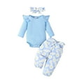 thumbnail image 1 of Odeerbi Baby Boys Girls Outfits Daisy Jumpsuit Cotton Romper with Pants Set Baby Long Sleeve Bodysuit Bow Pants Headscarf Three Piece Set Infant Clothes Sky Blue, 1 of 9