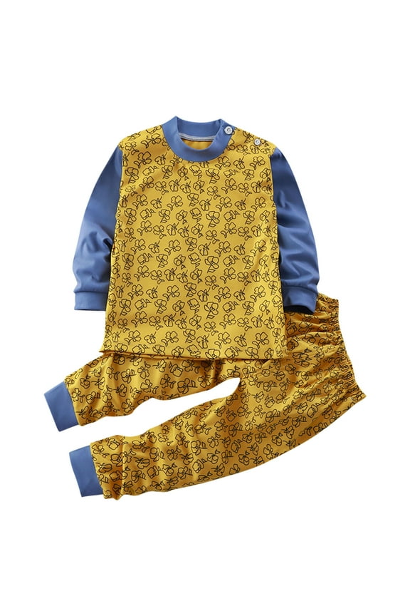 Baby Boys Girls Pajama Sets Soft Cotton Long Johns Cartoon Printed Base Layer Set Thermal Underwear Set Casual Collar Long Sleeve Tops Printed Long Pants Outfit Sets Yellow