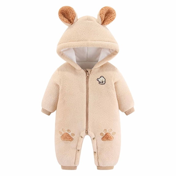 Odeerbi Baby Boys Girls Winter Warm Flannel Romper Jumpsuit Fleece Snowsuits Baby Clothes Baby Baby Solid Color Plush Cute Bear Ears Winter Thick Keep Warm Bodysuit Khaki