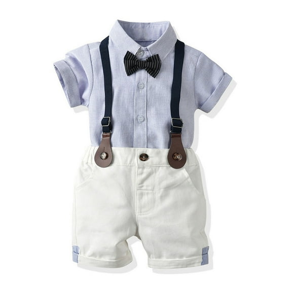 Odeerbi Baby Boys Sling Gentleman Formal Dress Suit 2025 Fashion Short Sleeve Stripe Blouse Tie Solid Color Overalls Blue