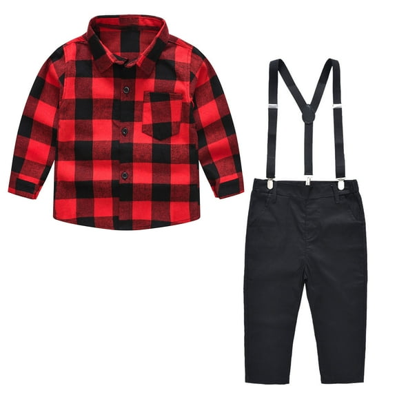 Odeerbi Baby Boys Sling Gentleman Formal Dress Suit British Style Lattice Pattern Print Long Sleeve 2025 Casual Shirt Overalls Suit Red