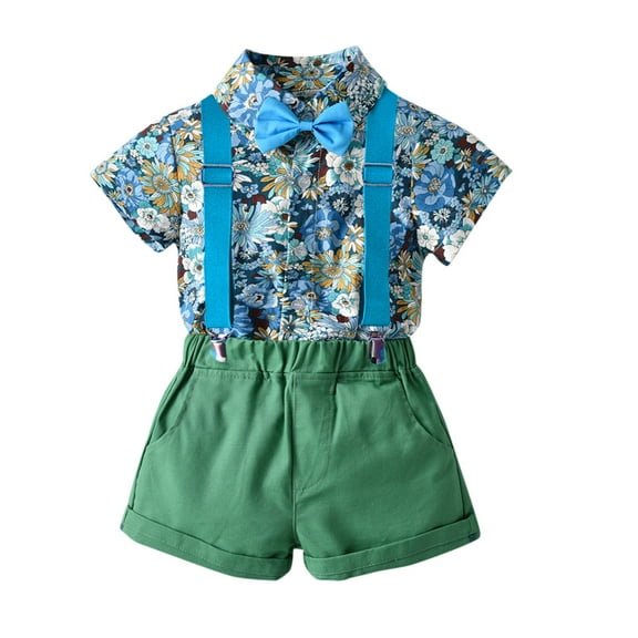 Odeerbi Baby Boys Sling Gentleman Formal Dress Suit Tie Flower Retro Overalls 2025 Fashion Short Sleeve Blouse Blue