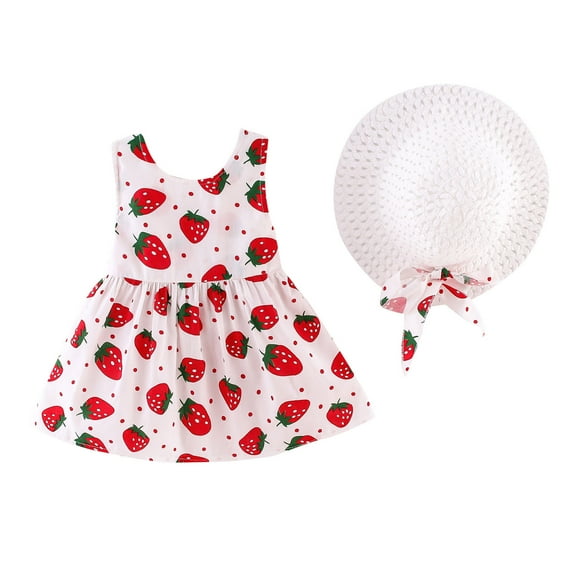 Odeerbi Baby Girl Clothes Girls Dresses Toddler Kids Sleeveless Strawberry Print Princess Dress Hat Outfits