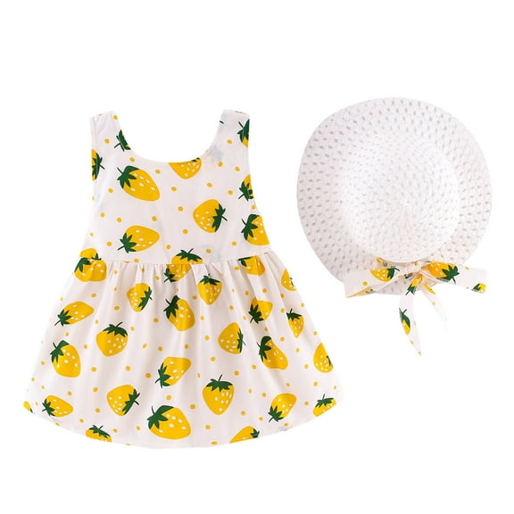 Odeerbi Baby Girl Clothes Girls Dresses Toddler Kids Sleeveless Strawberry Print Princess Dress Hat Outfits