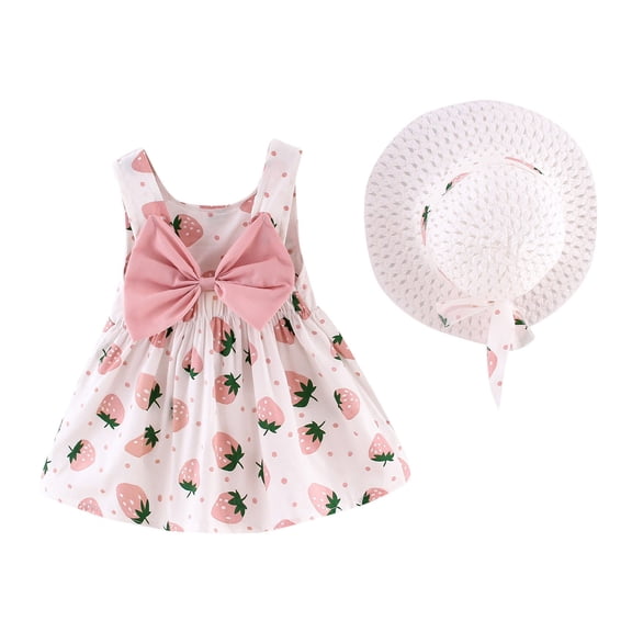 Odeerbi Baby Girl Clothes Girls Dresses Toddler Kids Sleeveless Strawberry Print Princess Dress Hat Outfits