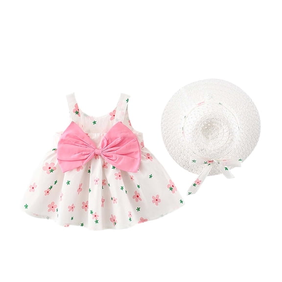 Odeerbi Baby Girl Clothes Girls Dresses Toddler Kids Summer Bow Print Suspender Dress With Hat