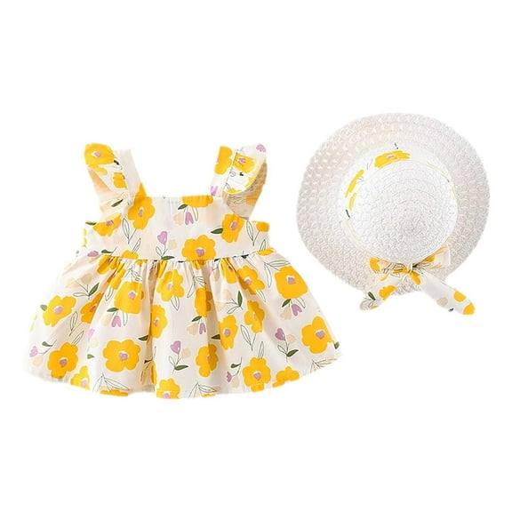 Odeerbi Baby Girl Clothes Girls Dresses Toddler Summer Cute Print Dress With Suspenders With Hat