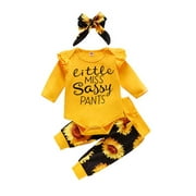 Odeerbi Baby Girl Clothes Newborn Flying Sleeve Sunflower Print Trousers 2024 Long Sleeve Headband Suit