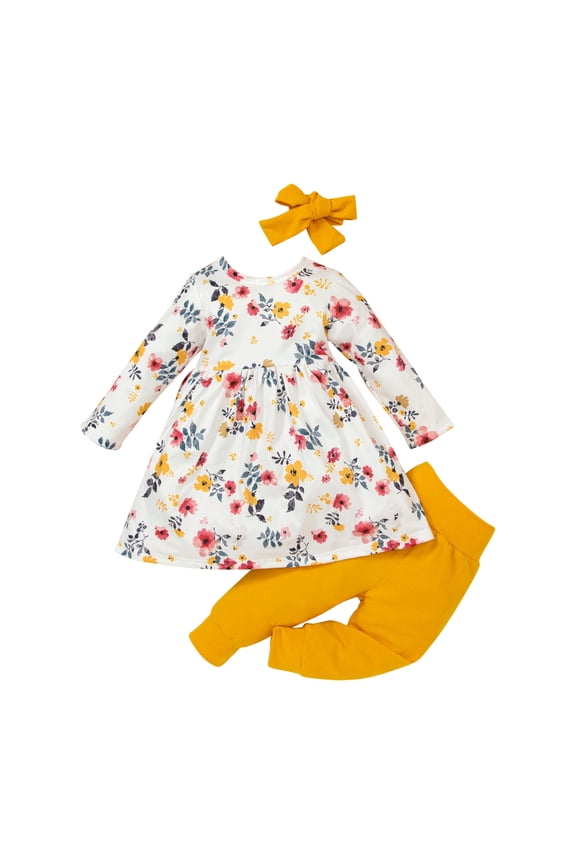 Baby Girls Boys Clothes Baby Outfits Shirts Sets Spring Autumn Infant Toddler Bow Long-Sleeved Floral Top Solid Color Trousers 3 PC Set