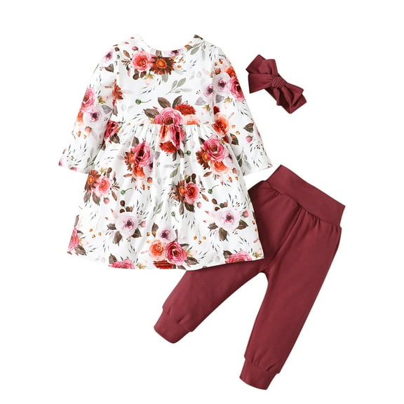 Odeerbi Baby Girls Boys Clothes Baby Outfits Shirts Sets Spring Autumn Infant Toddler Bow Long-Sleeved Floral Top Solid Color Trousers 3 PC Set
