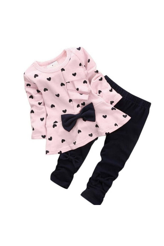 Baby Girls Boys Clothes Baby Outfits Shirts Sets Toddler Kids Heart-shaped Print Bow Kids T shirt Pants Set