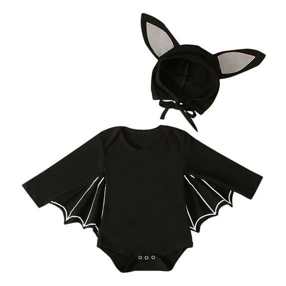Odeerbi Baby Girls Boys Clothes Baby Rompers Toddler Black Cotton Bat Sleeve Cute Hat Jumpsuit Suit