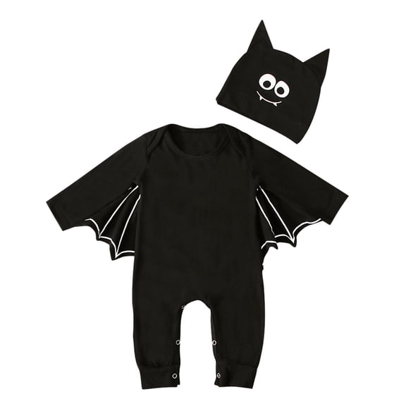 Odeerbi Baby Girls Boys Clothes Baby Rompers Toddler Black Cotton Bat Sleeve Cute Hat Jumpsuit Suit