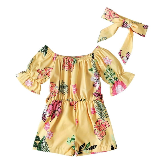 Odeerbi Baby Girls Boys Clothes Baby Rompers Toddler Floral Short Sleeve Jumpsuit + Bow Two-piece Children's Clothing