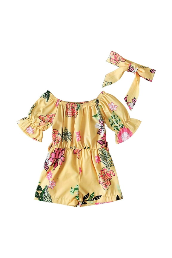 Baby Girls Boys Clothes Baby Rompers Toddler Floral Short Sleeve Jumpsuit + Bow Two-piece Children's Clothing