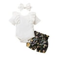 thumbnail image 1 of Odeerbi Baby Girls Boys Clothes Baby Rompers Toddler Ruffle Romper Bodysuit+Floral Print Shorts Headbs Outfits, 1 of 9