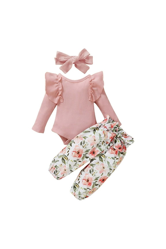 Baby Girls Clothes Infant Ruffle Long Sleeve Floral Print Bodysuit 3PCS Baby Layette Set