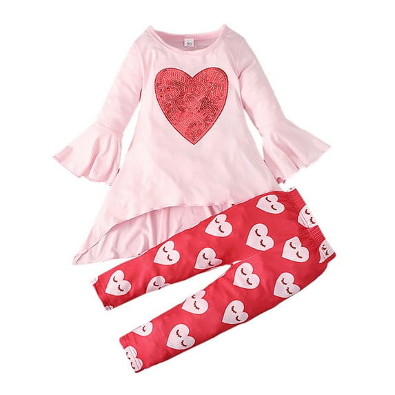 Odeerbi Baby Girls Clothes Toddler Outfit 2025 Valentine's Day Children's Clothing Trumpet Sleeve Top Pants Love Pattern Two-piece Set Pink