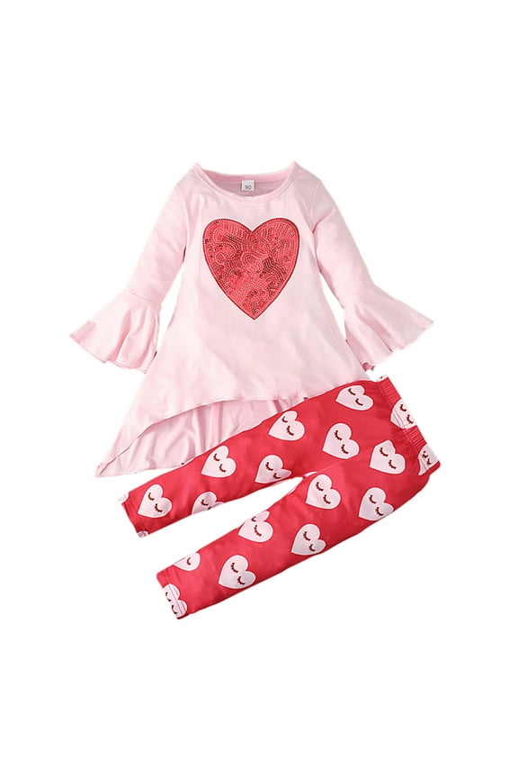 Baby Girls Clothes Toddler Outfit Valentine's Day Children's Clothing Trumpet Sleeve Top Pants Love Pattern Two-piece Set Pink
