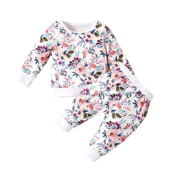 Odeerbi Baby Girls Clothes Toddler Outfit Autumn Winter Floral All Over Print 2025 Long Sleeved Crew Neck Pullover Trousers Suit Multicolor