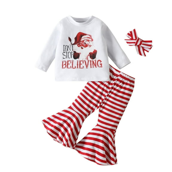 Odeerbi Baby Girls Clothes Toddler Outfit Christmas Outfit Santa 2025 Long Sleeve Sweatshirt Top Bell Bottoms Pants Set Christmas Clothes White