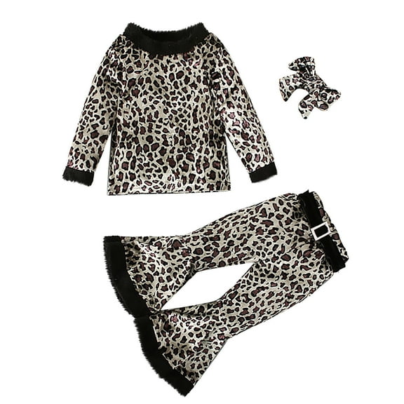 Odeerbi Baby Girls Clothes Toddler Outfit Kids 2025 Fashion Cute Trumpet Long Sleeve Leopard Pattern Ruffles Flared Pants Suit Brown