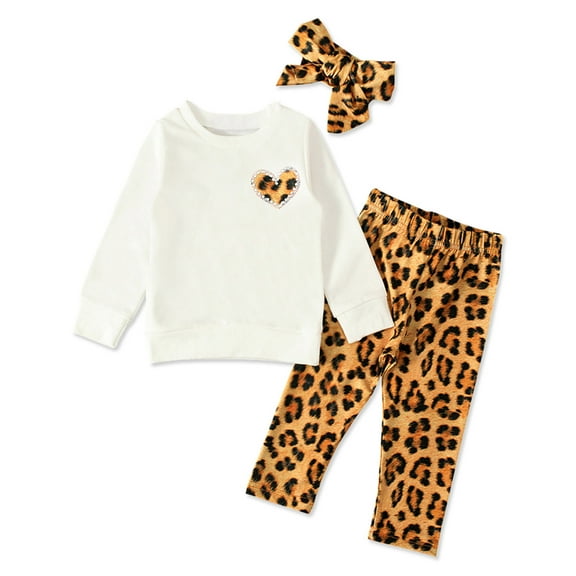 Odeerbi Baby Girls Clothes Toddler Outfit Newborn Infant Warm Leopard Print T-shirt Pants Hairband Outfits Set White