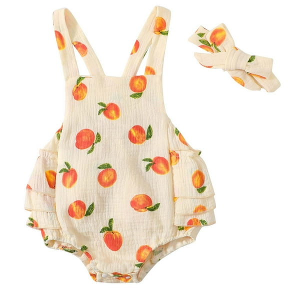 Odeerbi Baby Girls Cute Peach Print Romper Cotton Jumpsuit with Headband Set Newborn Double Layer Crinkled Peach Print Bodysuit Set Infant Clothes Yellow