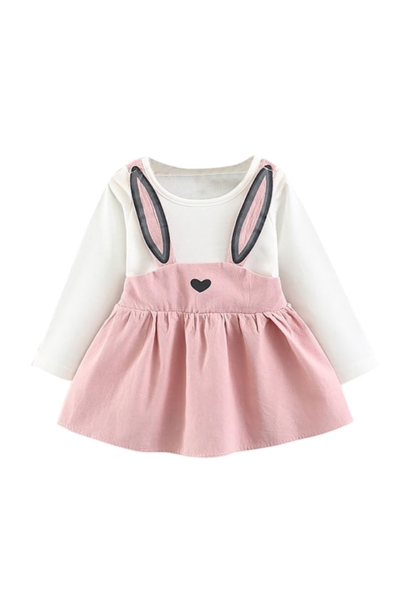 Baby Girls Cute Rabbit Overall Dress Cotton Suspender Skirt Baby Children's Long Sleeve Suspender Princess Dress Baby Girls Clothes
