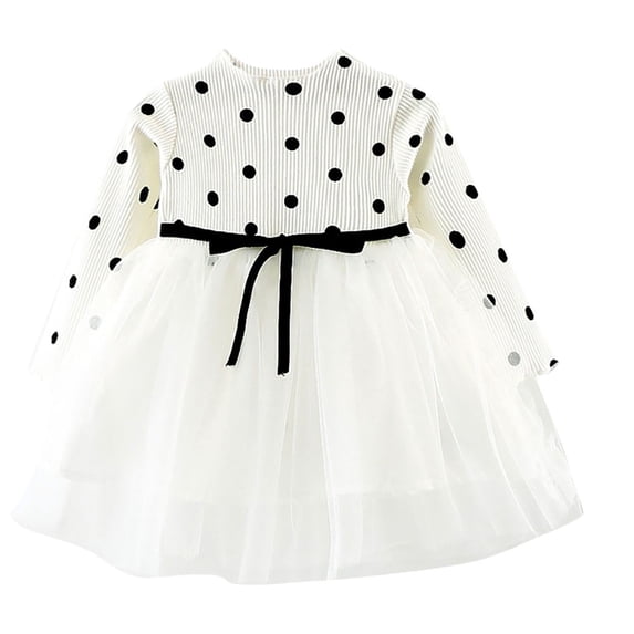Odeerbi Baby Girls Dots Rib Knit Tulle Princess Dress Baby Children's Cute Polka Long Sleeve Cotton Dresses Baby Girls Clothes
