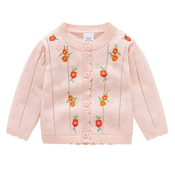 Odeerbi Baby Girls Embroidered Cardigan Sweater Fall Winter Knitted Cardigan Baby Cotton Sweater Embroidery Wool Sweater Round Neck Tops Pink