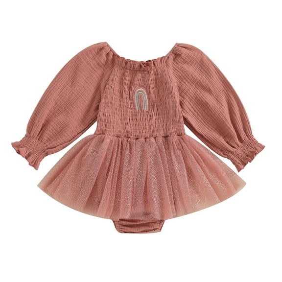 Odeerbi Baby Girls Embroidered Romper Jumpsuit with Tulle Tutu Skirt Baby Clothes New Fashion Casual Children's Climbing Clothes Long Sleeve Mesh Embroidered Bodysuit Pink