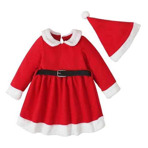Odeerbi Baby Girls Fall Winter Christmas Santa Claus Dress with Christmas Hat Set Baby Kids Christmas Cute Long Sleeve Dress Hat Suit Baby Clothes Red