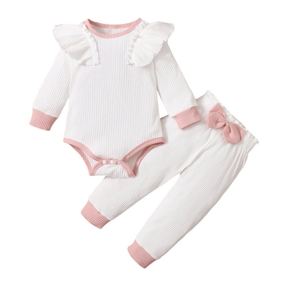 Odeerbi Baby Girls Layette Set Long Sleeve Romper Jumpsuit Outfits Knitting Cotton Baby Clothes Fashion Casual Round Neck Collar Botton Tops Solid Color Long Pants Sets White