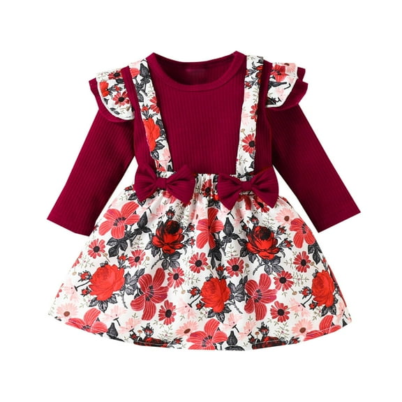 Odeerbi Baby Girls Layette Set Long Sleeve Romper Jumpsuit Outfits Knitting Cotton Baby Clothes Round Neck Floral Blouses Shirts Suspender Skirt Sets Burgundy