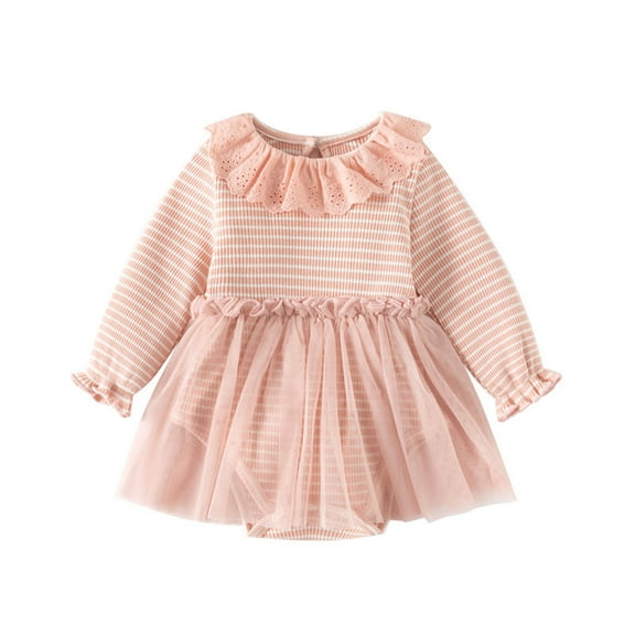 Odeerbi Baby Girls Long Sleeve Bodysuit Tulle Dress Striped Ruffle Cotton Dress Spring Fall Cute Flower Collar Dress Baby Girls Clothes