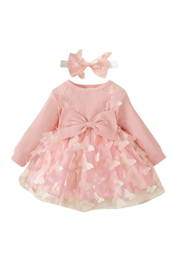 Baby Girls Rib Knit Butterfly Tulle Dress Spring Fall Long Sleeve Big Bow Princess Dresses Cute Lace Embroidery Mesh Dress Baby Girls Clothes