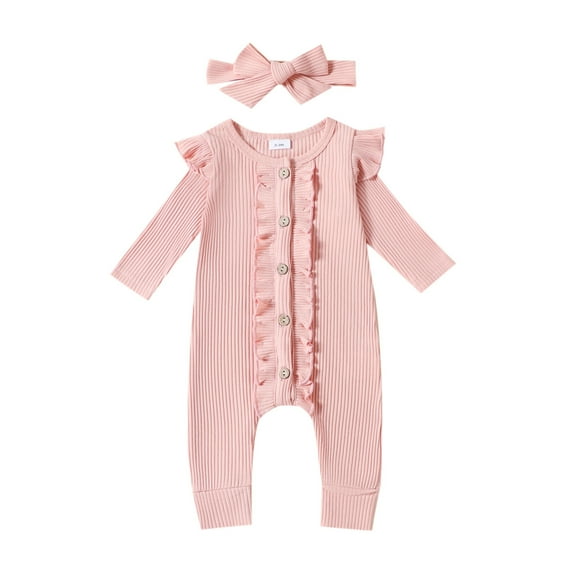 Odeerbi Baby Girls Rib Knit Romper Jumpsuit Baby Clothes Baby Baby Ruffle Long Sleeve Solid Color T-Shirt Round Neck Bodysuit Pink