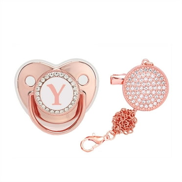 Odeerbi Initial Pacifier with Clip Silicone Pacifier 26 Letter Name Initial Clip Nipple Bling Pacifier Rose Gold Y