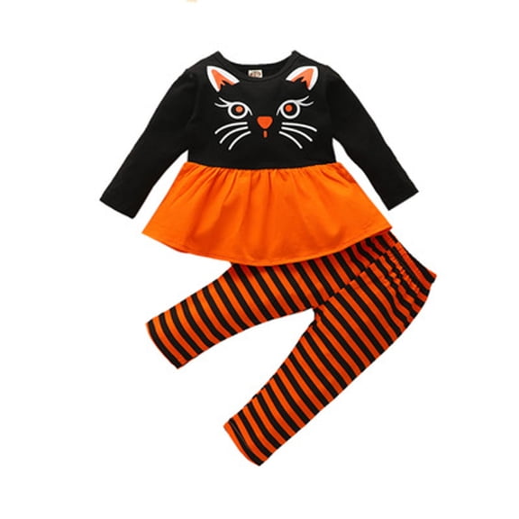 Odeerbi Baby Pants Toddler Girl Cartoon Cat Long-Sleeved Color Block Trousers Suit