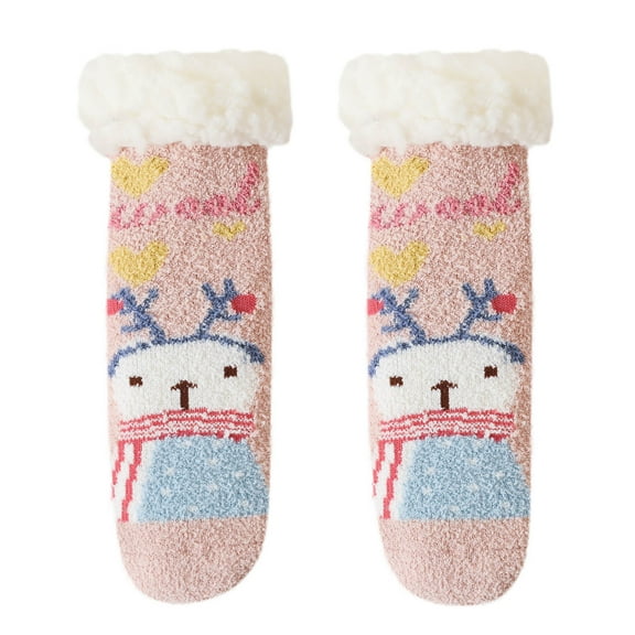 Odeerbi Baby Toddler Socks Boys Girls Solid Color Cartoon Socks Keep Warm Plush Kids Soft Non-slip Indoor Socks Pink