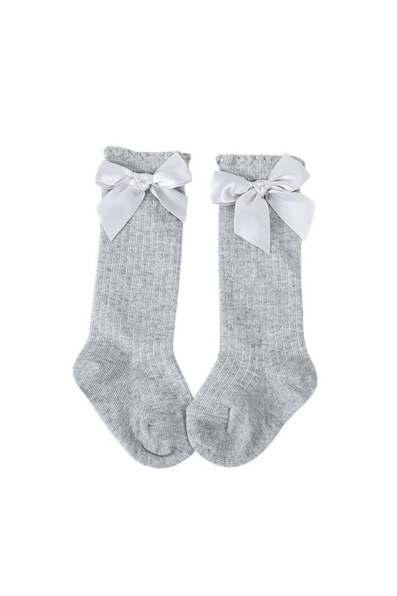Baby Toddler Socks Kids Girls Cute Big Bow Knee High Socks Long Soft Cotton Lace Socks Gray