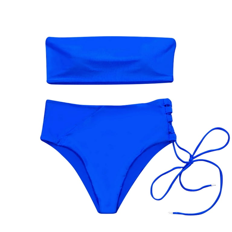 Odeerbi Bandeau Bikini for Women Erogenous Solid Color Tube Top Backless Two Pieces Swimwear Swimsuit Beachwear Set Blue