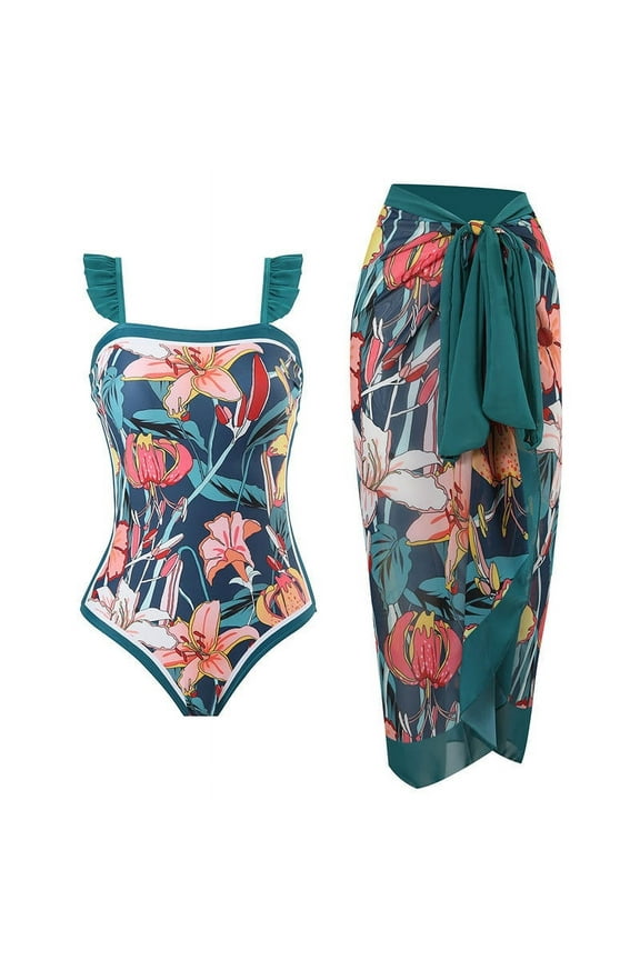 Bandeau One Piece Swimsuit with Sarong Coverups for Women Split Printed Beachwear Bikini Wraps Two-piece Set Green