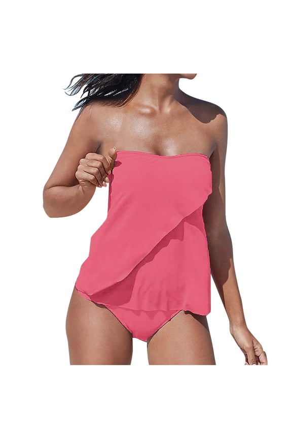 Bandeau Tankinis Swimsuits for Women Athletic Floral Two Piece Bathing Suit Swimwear Solid Color Beachwear Set Hot Pink