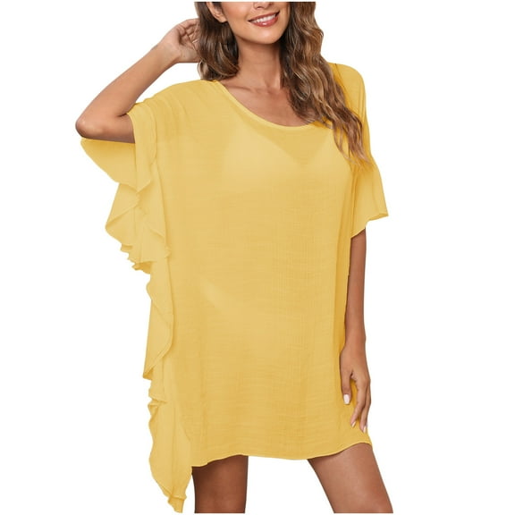 Odeerbi Beach Dresses for Women 2025 Ruffle Solid Loose Bikini Dress Yellow