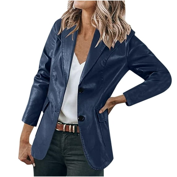 Odeerbi Blazer Jackets for Women Blazers Trendy Casual Lapel Collar Button Pocket Temperament Motorcycle Jacket Leather Jacket Coat Navy