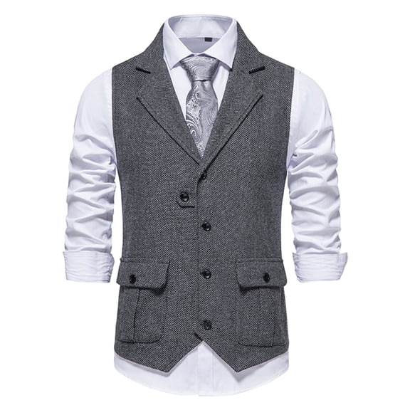 Odeerbi Blazer for Men Herringbone Tweed Suit Vest Vintage Lapel Vest Men Coat Gray
