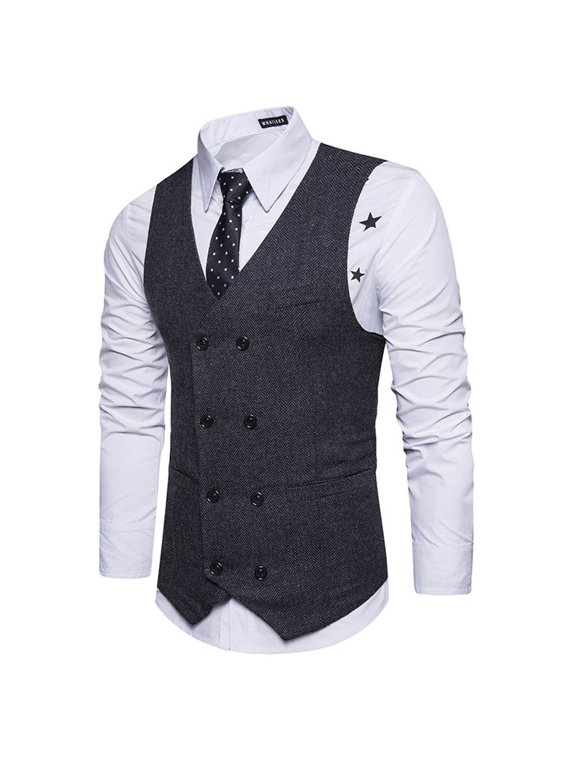 Blazer for Men Woolen Double-breasted Vest Suit Retro Business Waistcoat Black