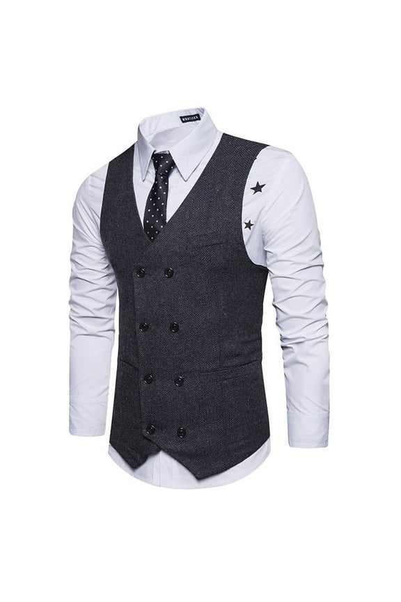 Blazer for Men Woolen Double-breasted Vest Suit Retro Business Waistcoat Black